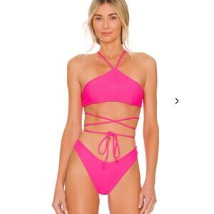 Lovers + Friends Hot Pink Wrap Bikini Set Halter Top Small High Bottoms Medium